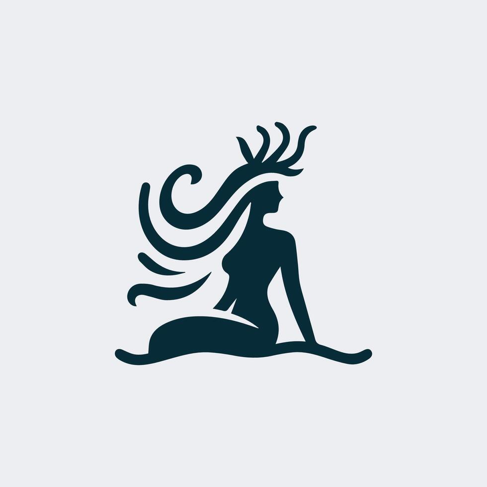 a mermaid logo with a woman sitting on the beach vector