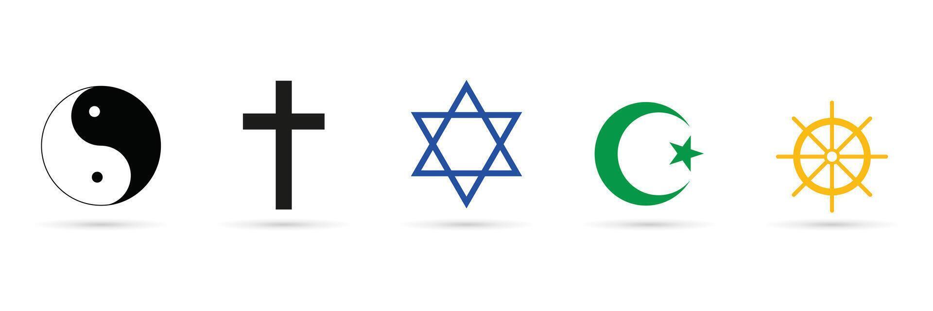 Religious Symbols of Major Faiths. Flat icons representing the Yin and Yang, Christian Cross, Star of David, Crescent Moon and Star and Dharma Chakra. vector