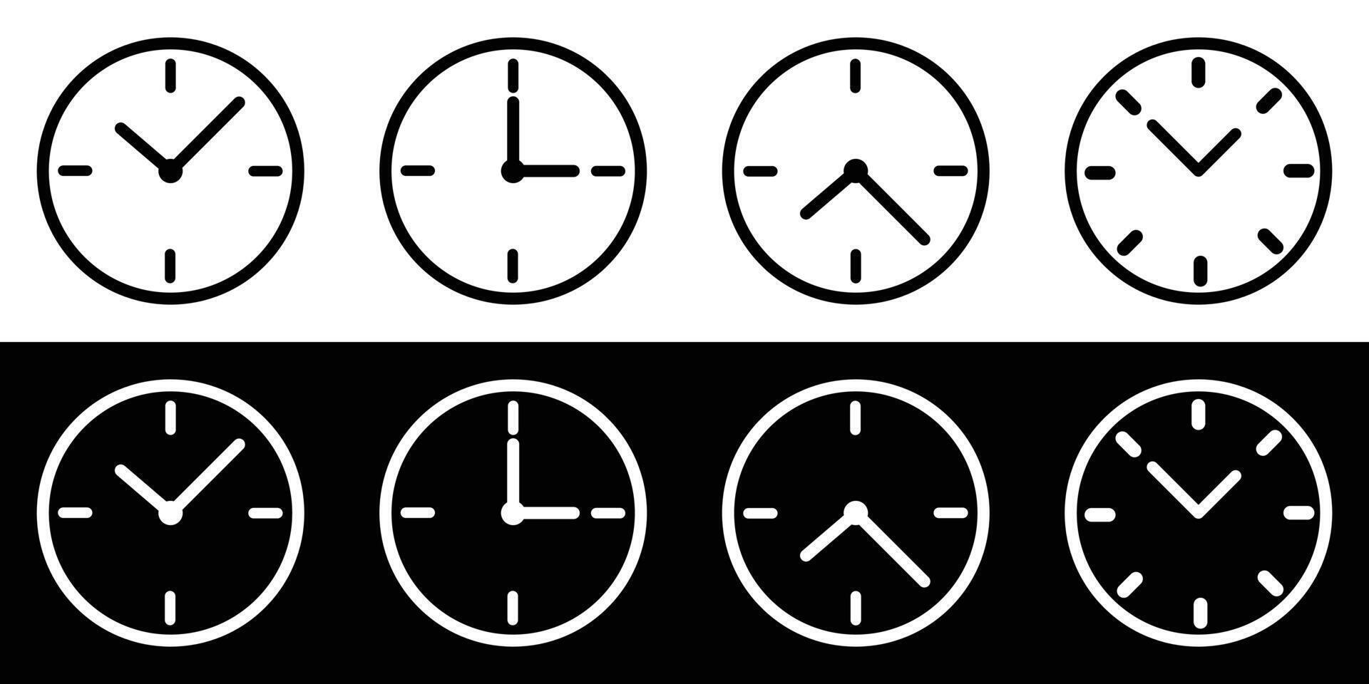Black and white time clock icons. Clock icons isolated in the background. vector