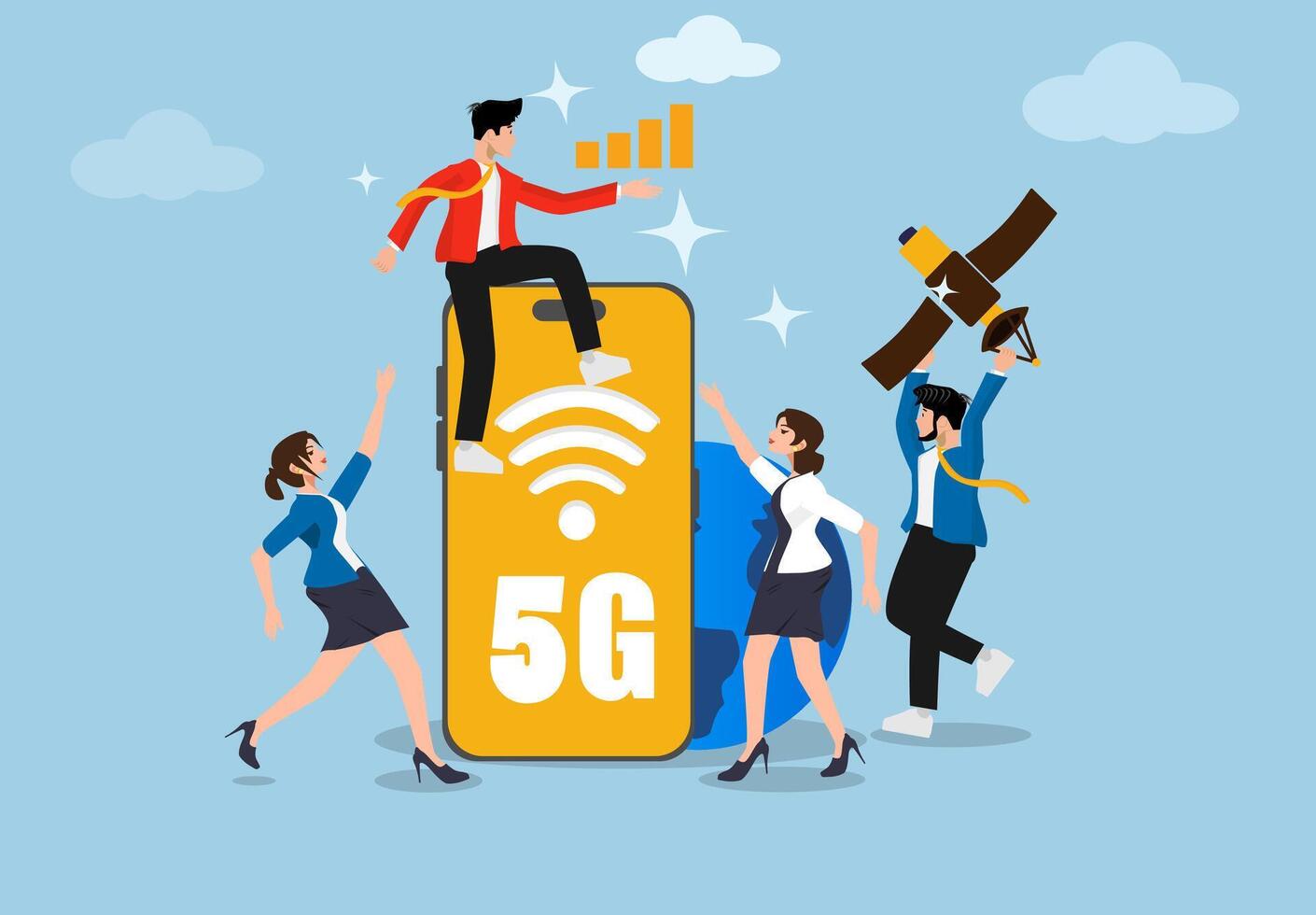 A group of people are near a 5G network. Download speed, access speed, upload speed to introduce the latest network technology. vector
