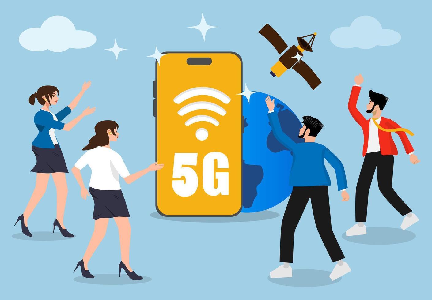 5G network, a group of business people introduce the latest technology, the fastest network and 5g network vector