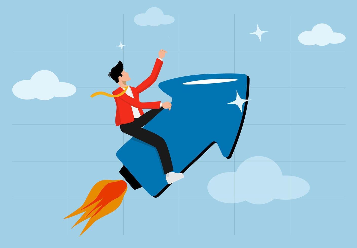 Investment growth boosting profit earning, boosting growth, growing fast, launching a start-up project or improvement concept, Young man riding an arrow flying upwards. vector