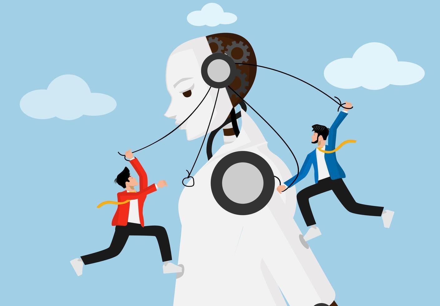 Artificial intelligence controlling humans like puppets. AI as a puppet maters concept in business and technology. vector