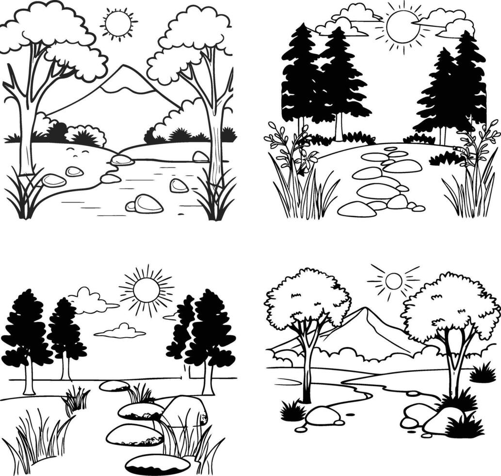 4 set of landscape design for drawing worksheet vector