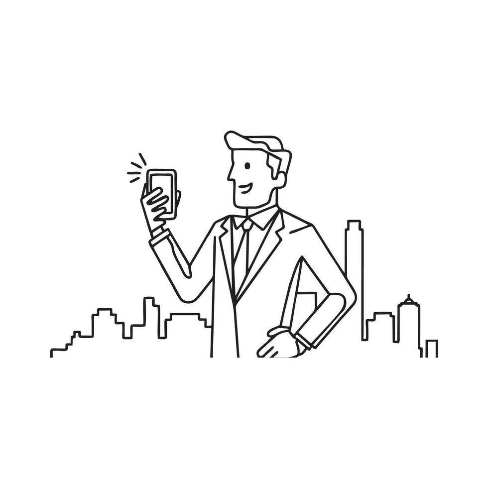 Line illustration of man holding mobile phone pose. Line illustration of handsome and attractive man in suit. Businessman, rich model character vector
