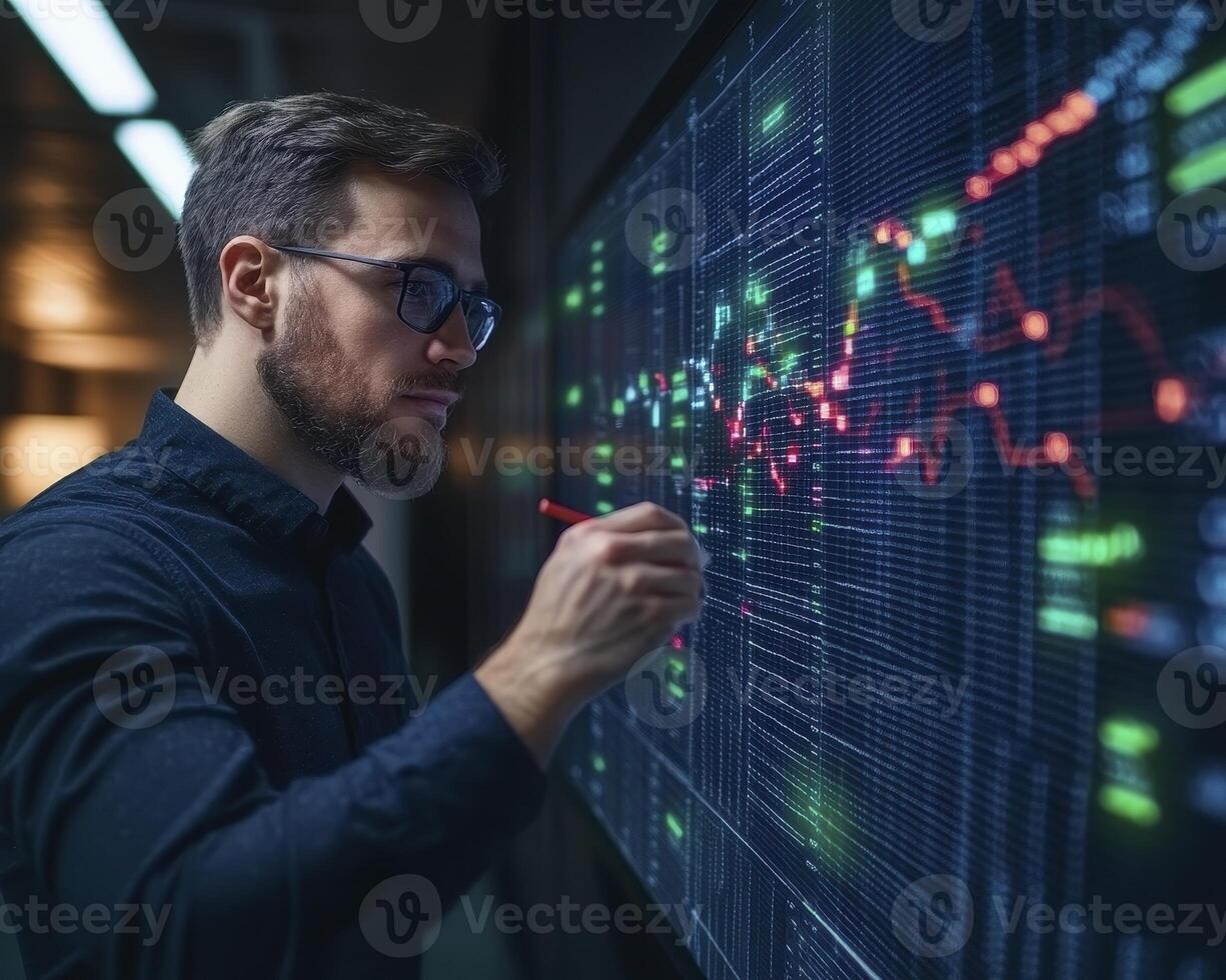 Man Analyzing Data on Interactive Screen photo