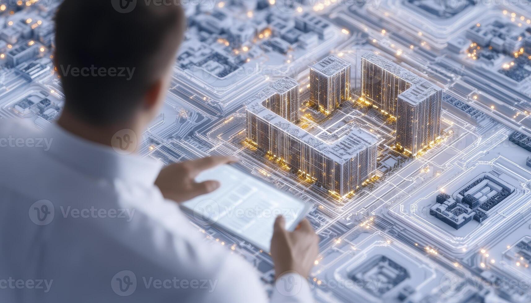 Man Reviewing City Model Integrated in Circuit Board photo