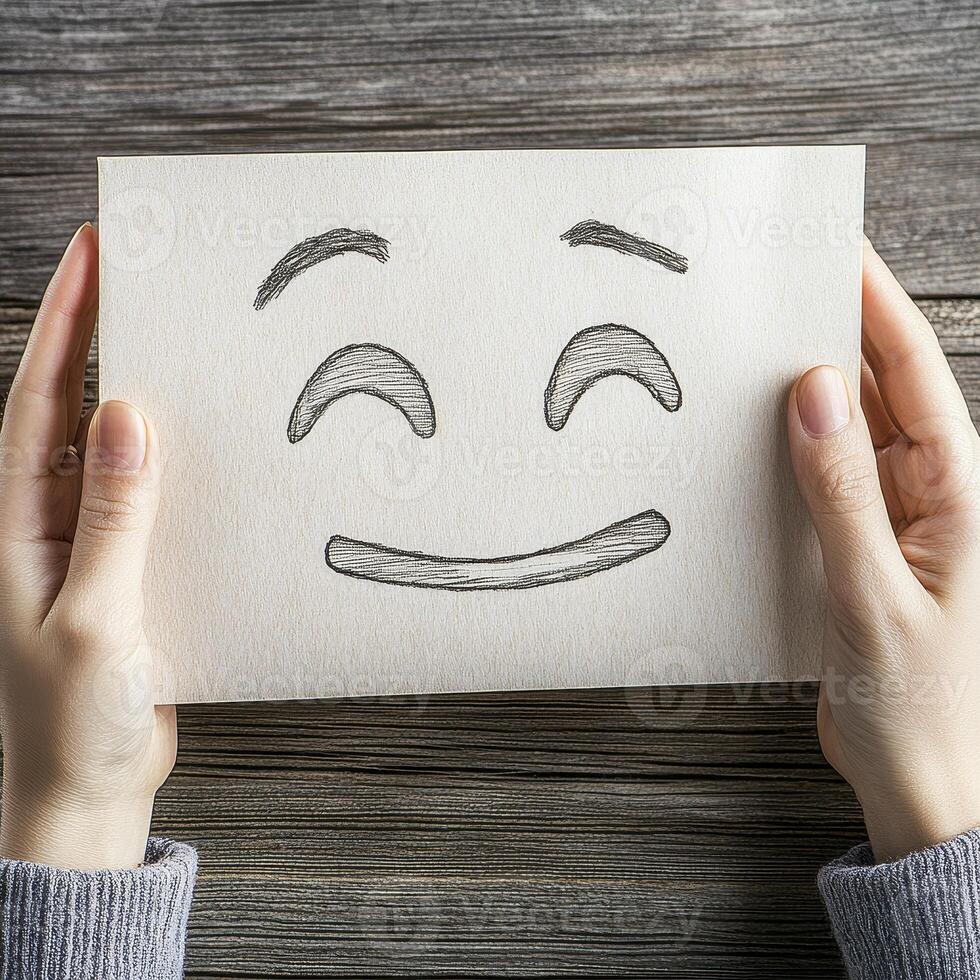 Smiling Face Drawing Held in Hands on Wooden Background photo