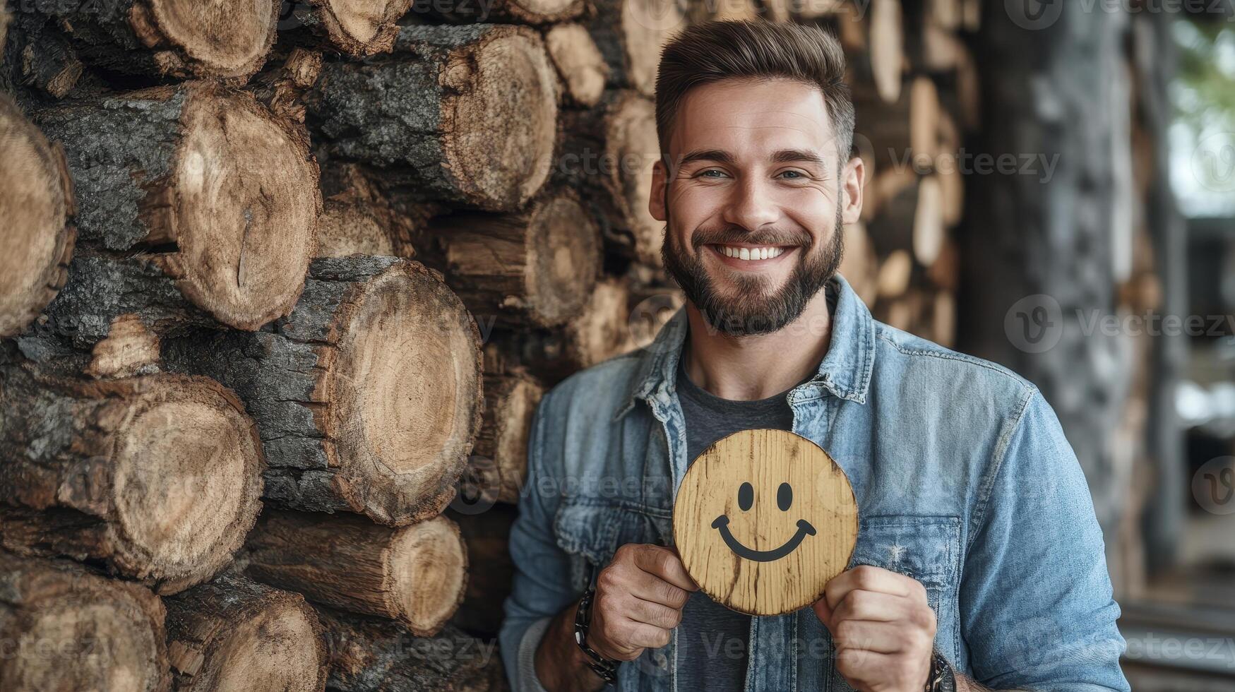 Smiling Man Holding Wooden Smiley Against Log Background photo