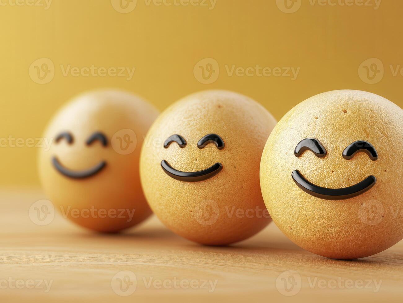 Three Smiling Yellow Spheres on Wood photo
