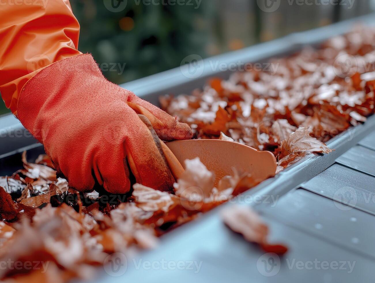 Cleaning Autumn Leaves From Gutter photo