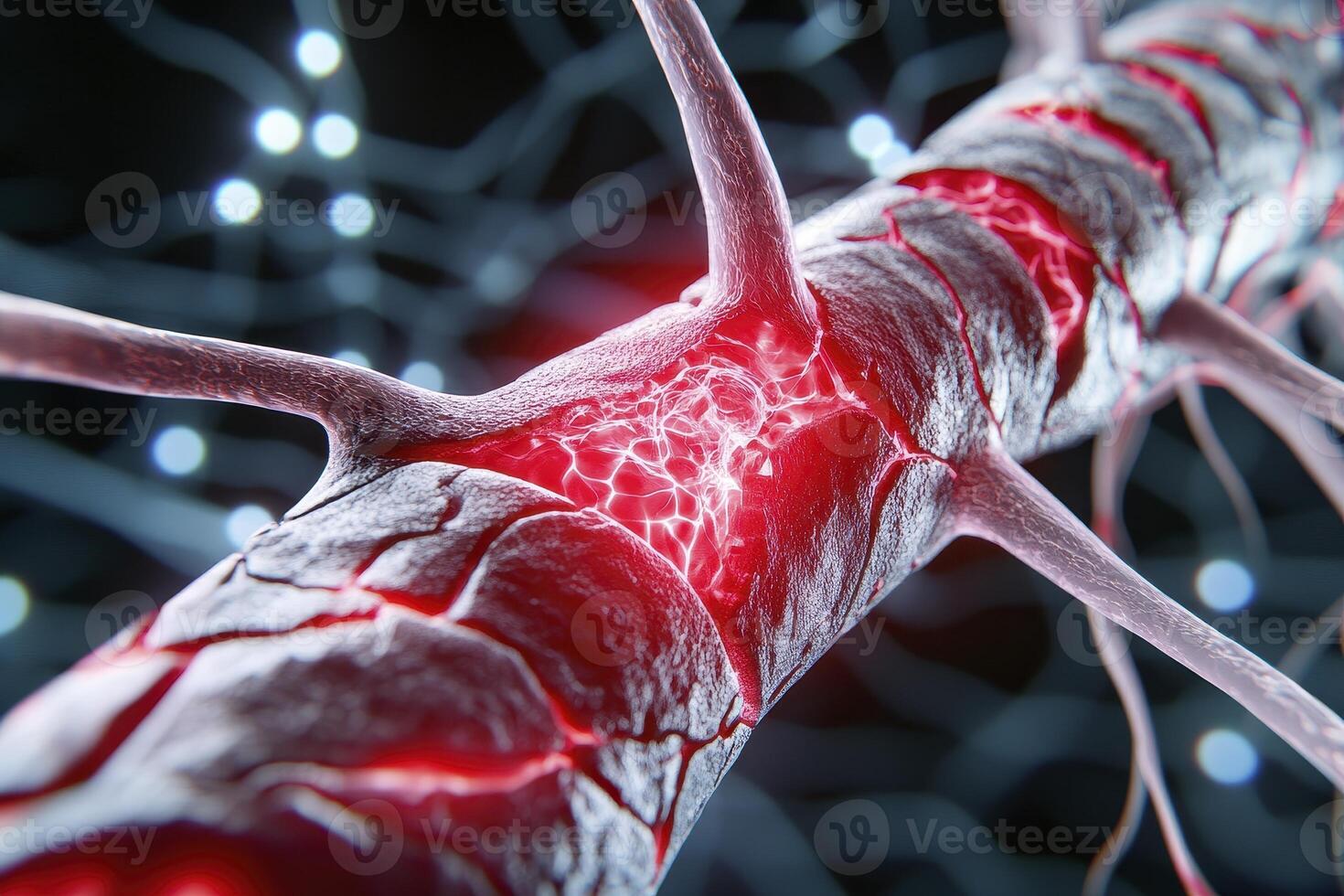 Damaged Neuron With Red Glowing Injury, Microscopic View photo