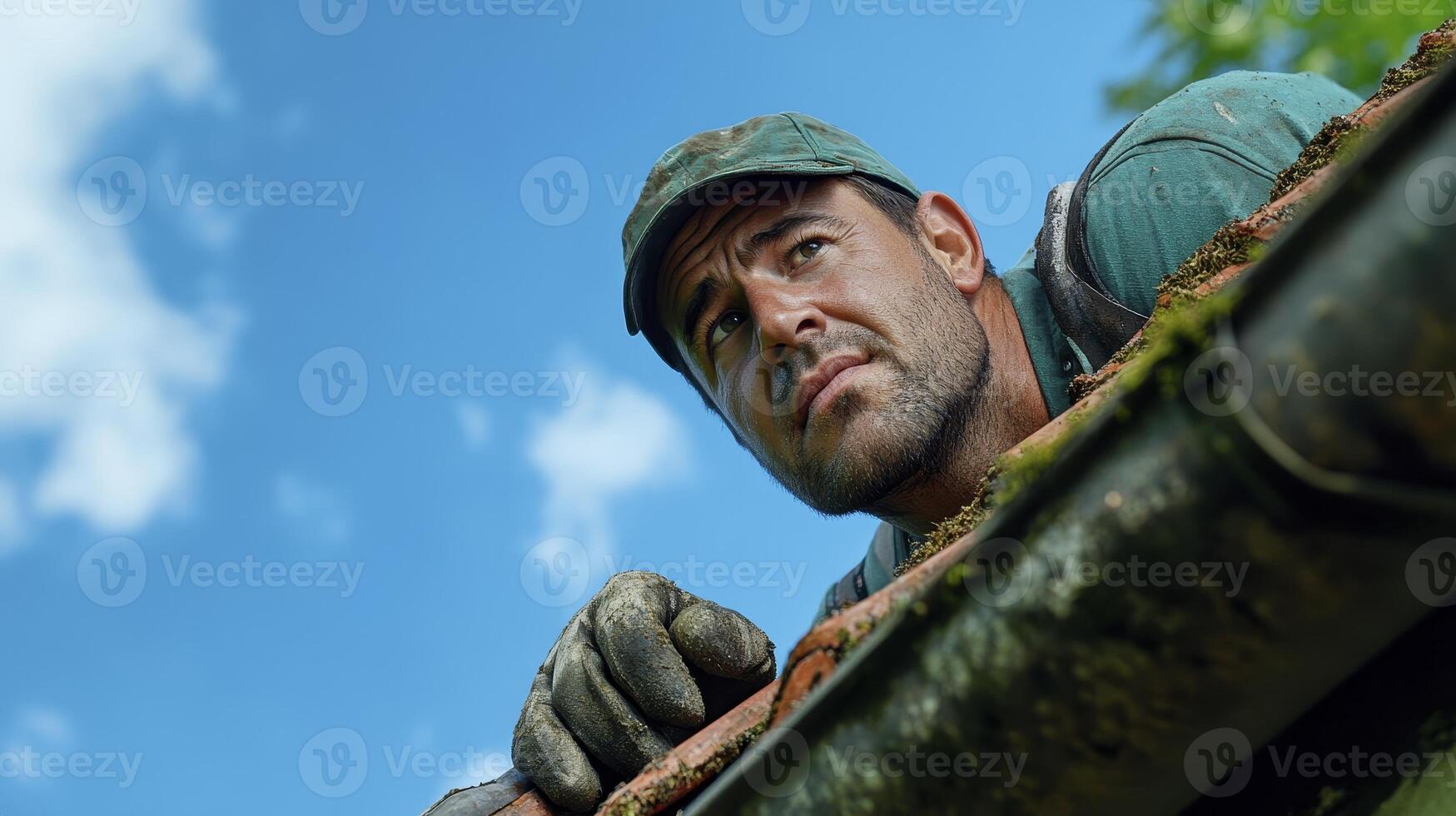Dirty Man Cleaning Gutters on Roof Against Blue Sky photo