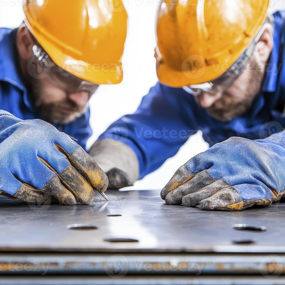 Focused Construction Workers Inspecting Metal Sheet photo