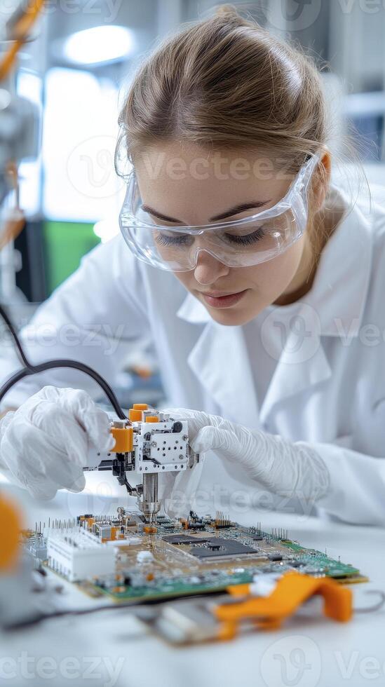 Focused Female Engineer Working on Circuit Board in a Lab photo