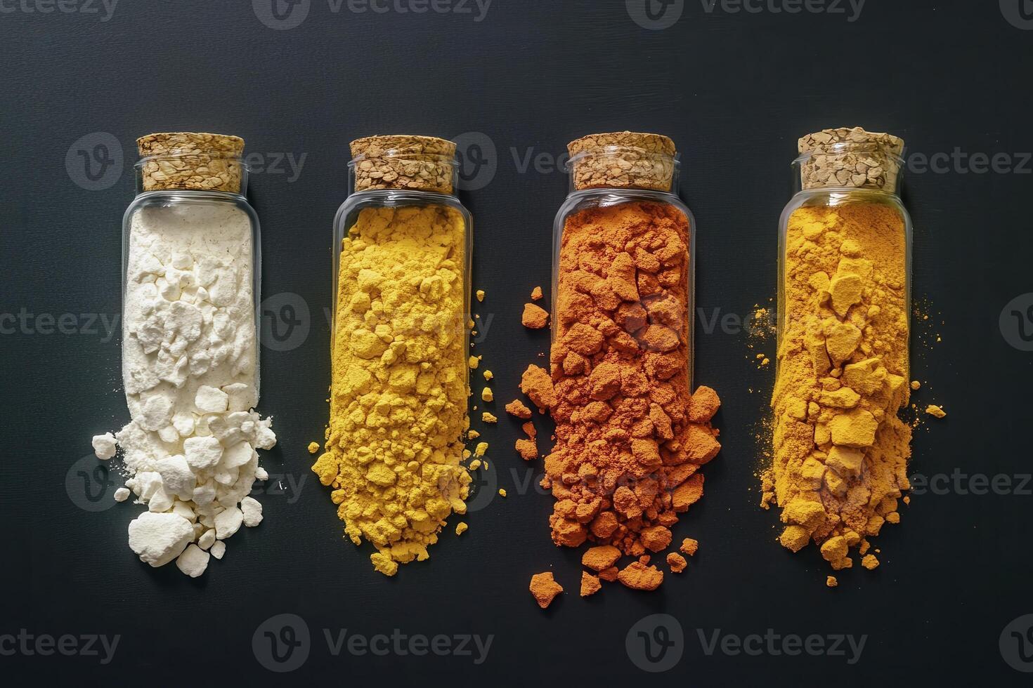 Colorful Powder Samples in Glass Jars on Dark Background photo