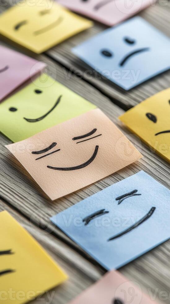Colorful Sticky Notes with Diverse Smiley Faces on Wood photo