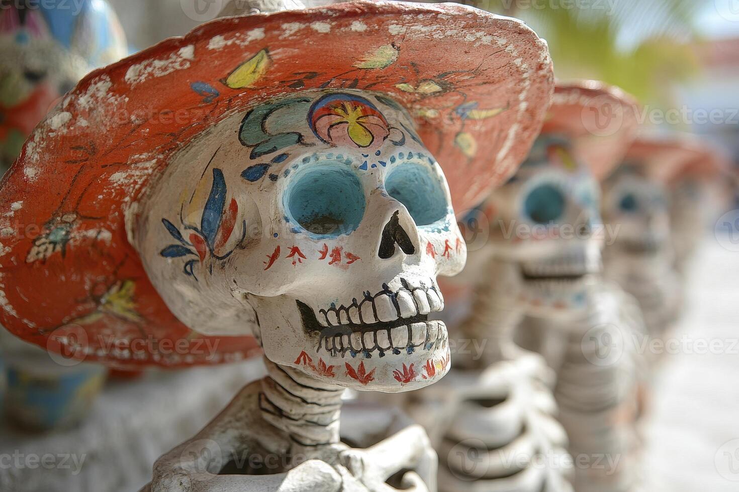 Colorful Sugar Skulls in Sombreros Day of the Dead Display photo