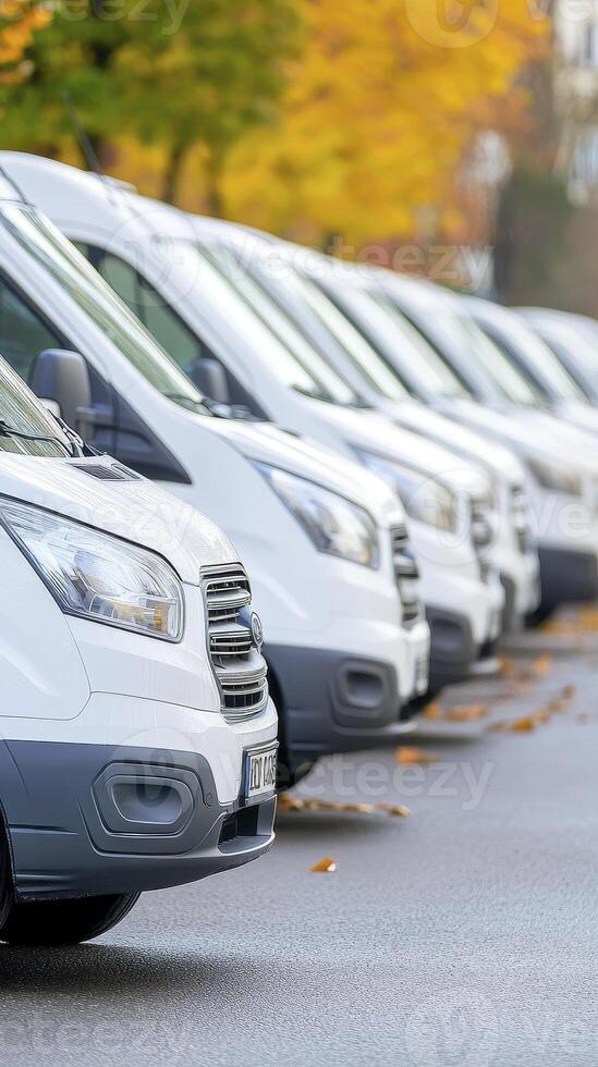 Row of White Cargo Vans Parked Outdoors in Autumn photo