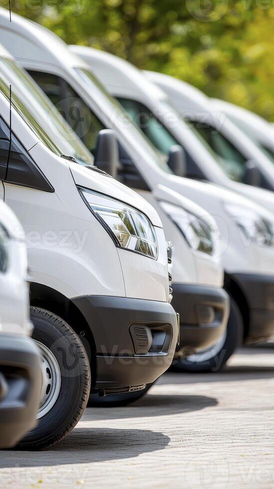 Row of White Vans Parked Outdoors on Sunny Day photo