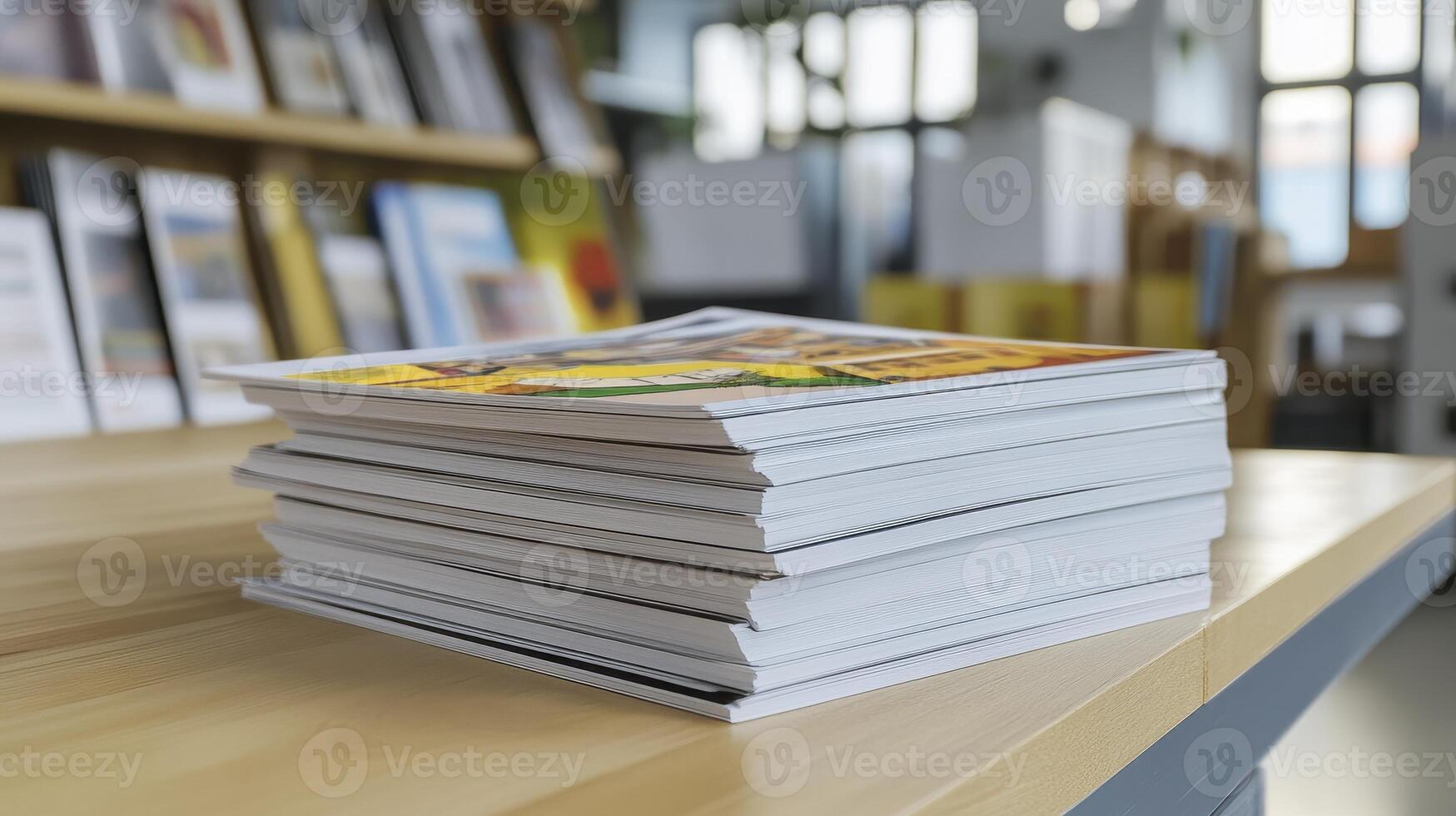 Stack of Colorful Brochures on Wooden Table photo