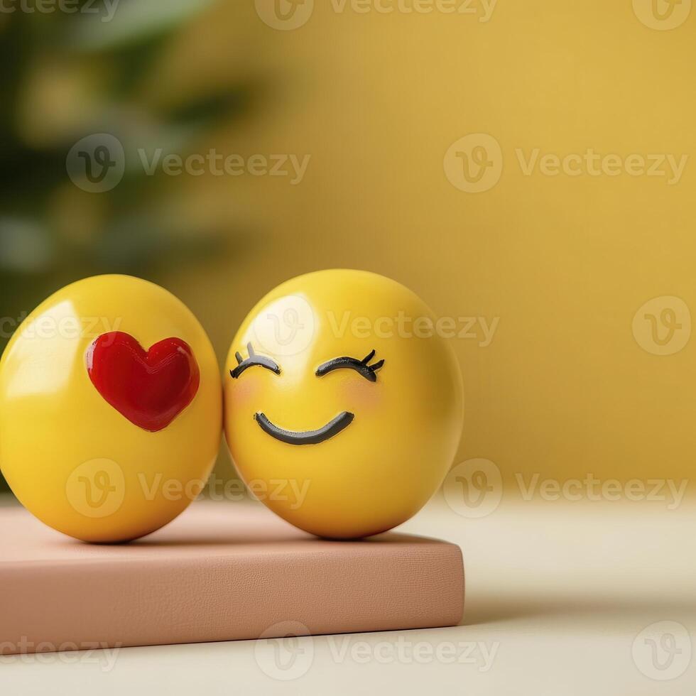 Smiling Yellow Emoticon Spheres with Heart on Pink Surface photo