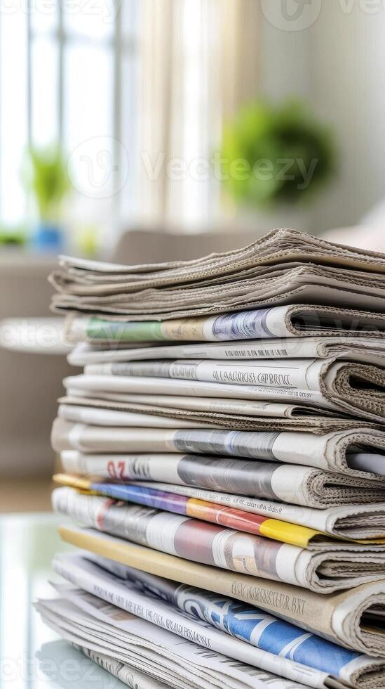 Stack of Newspapers on Glass Table in Bright Room photo
