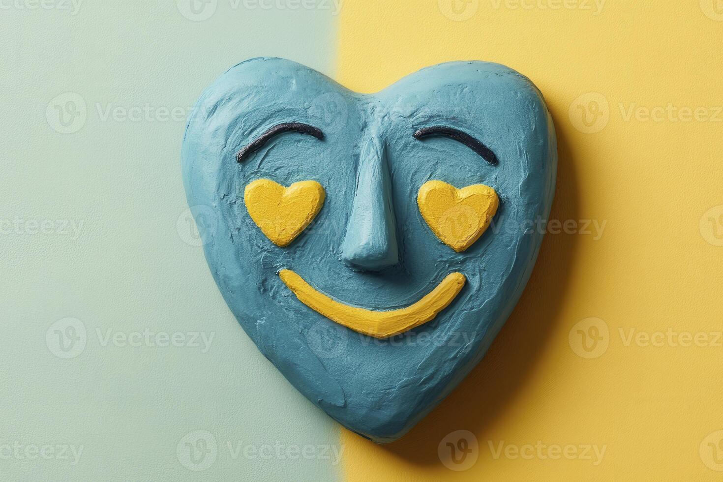 Teal Heart Shaped Artwork with Yellow Smiling Face photo