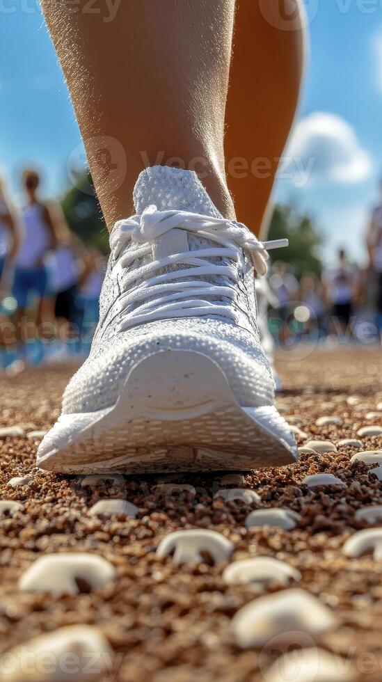 White Athletic Shoe on Stone Surface Outdoors photo