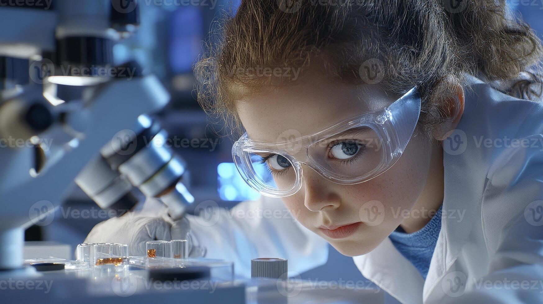 Focused Young Girl Scientist Using Microscope in Lab photo