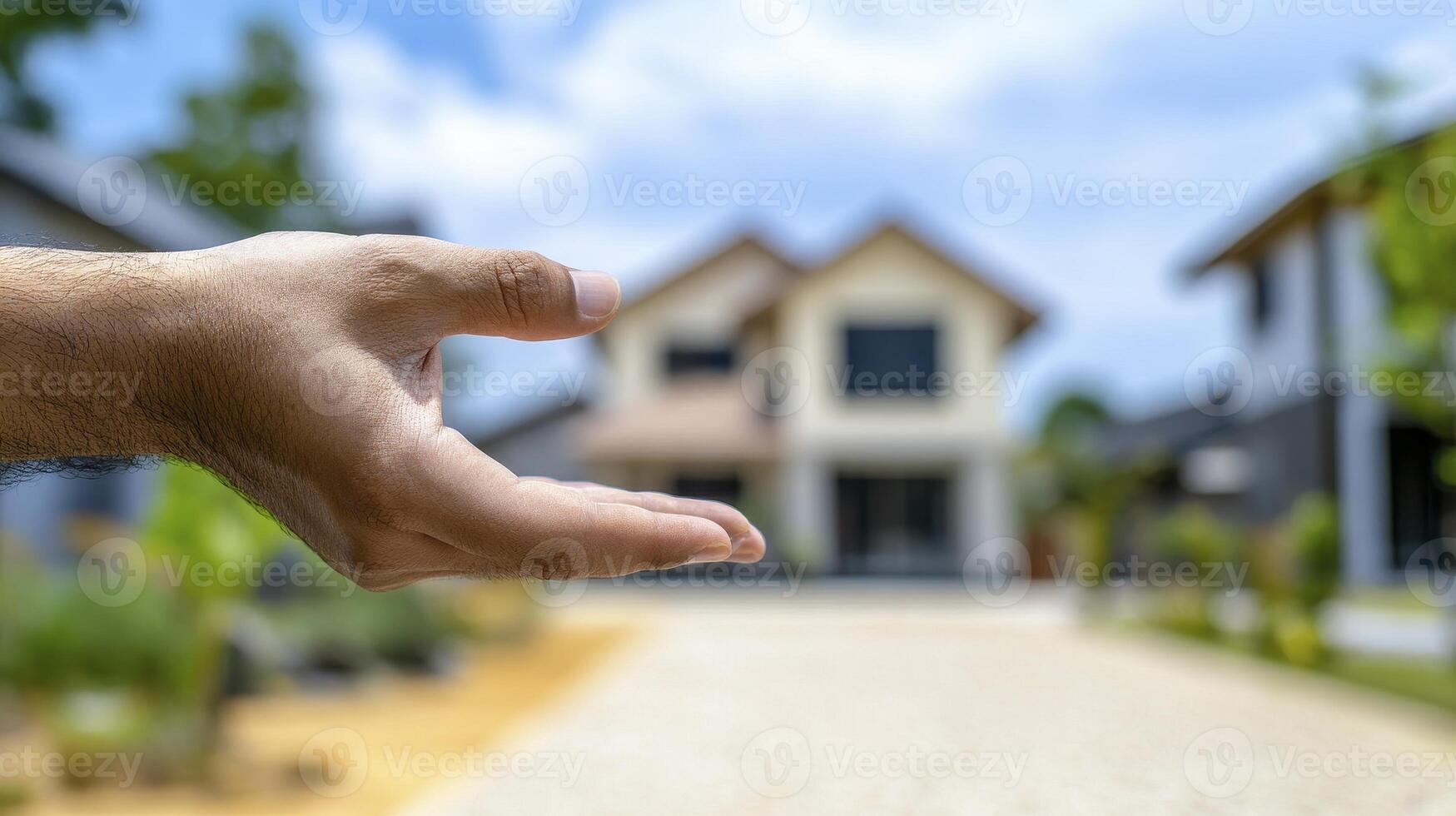 Hand Gesturing Towards Suburban House on Sunny Day photo