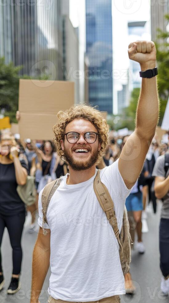 Joyful Protestor Raising Fist in City Demonstration photo