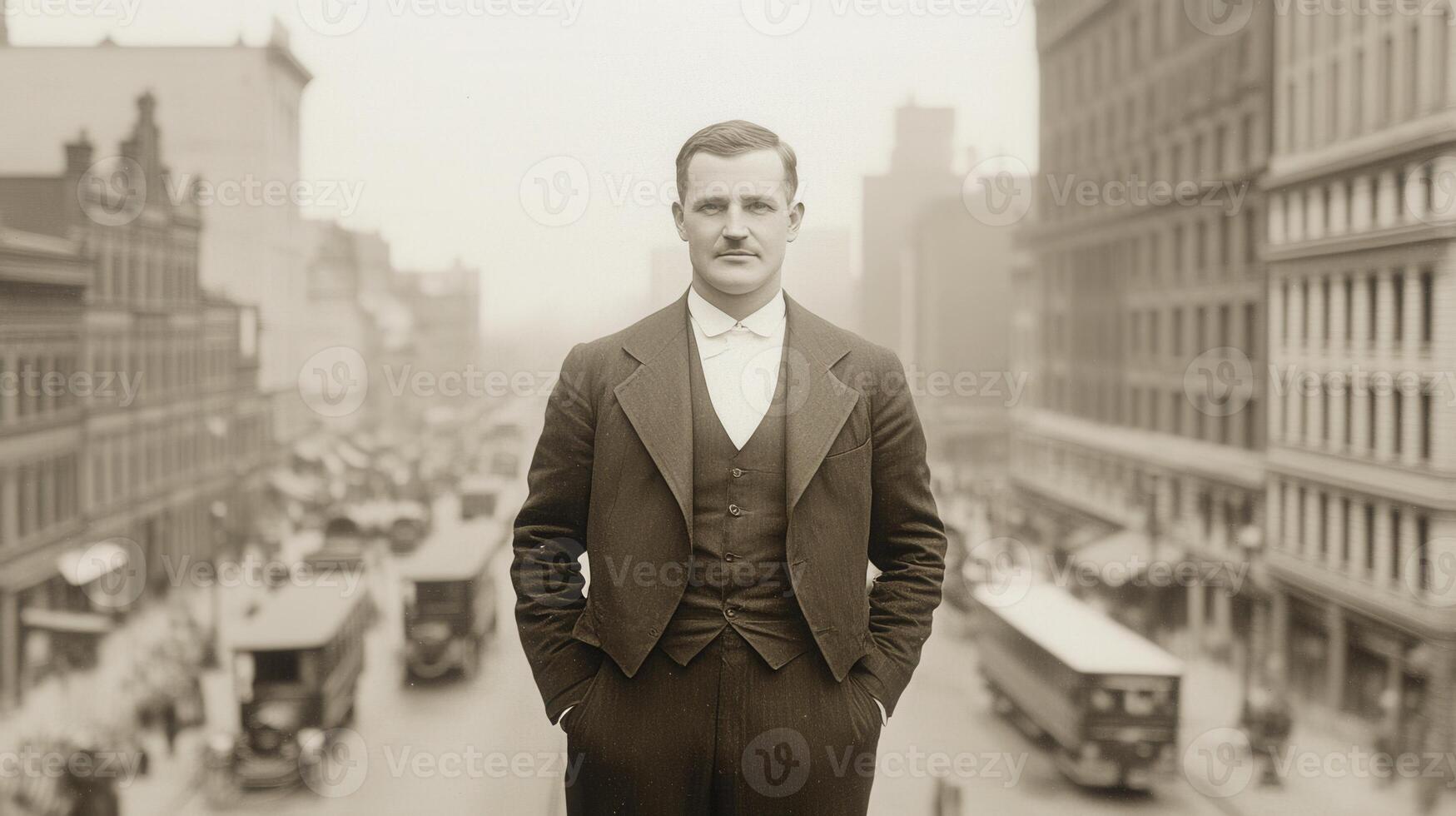 Man in Suit on City Street, Sepia-Toned Portrait photo