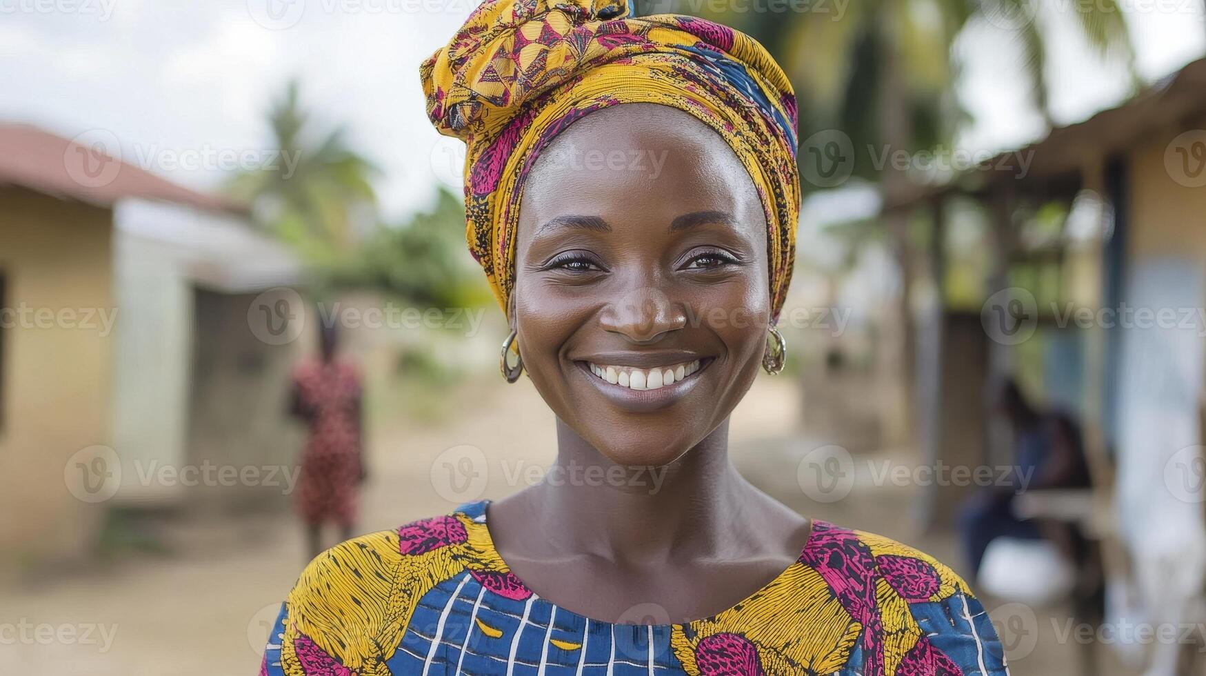 Portrait of a Smiling African Woman in a Yellow Dress photo