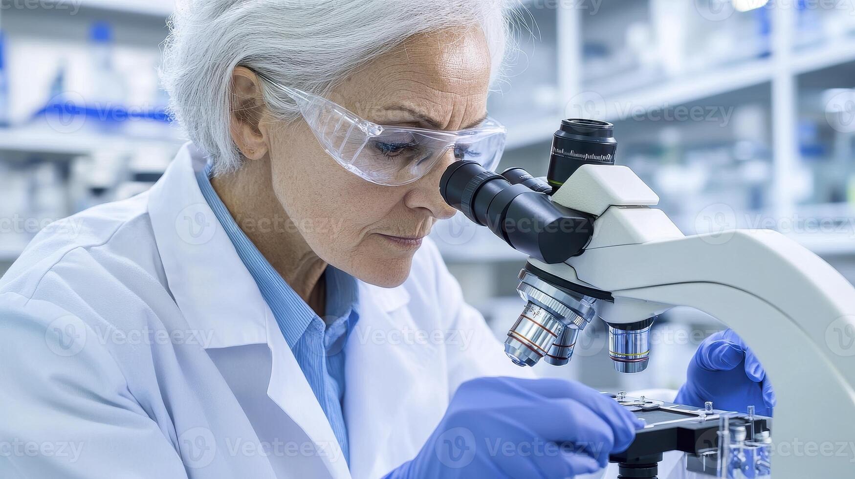 Senior Scientist Using Microscope in Laboratory photo