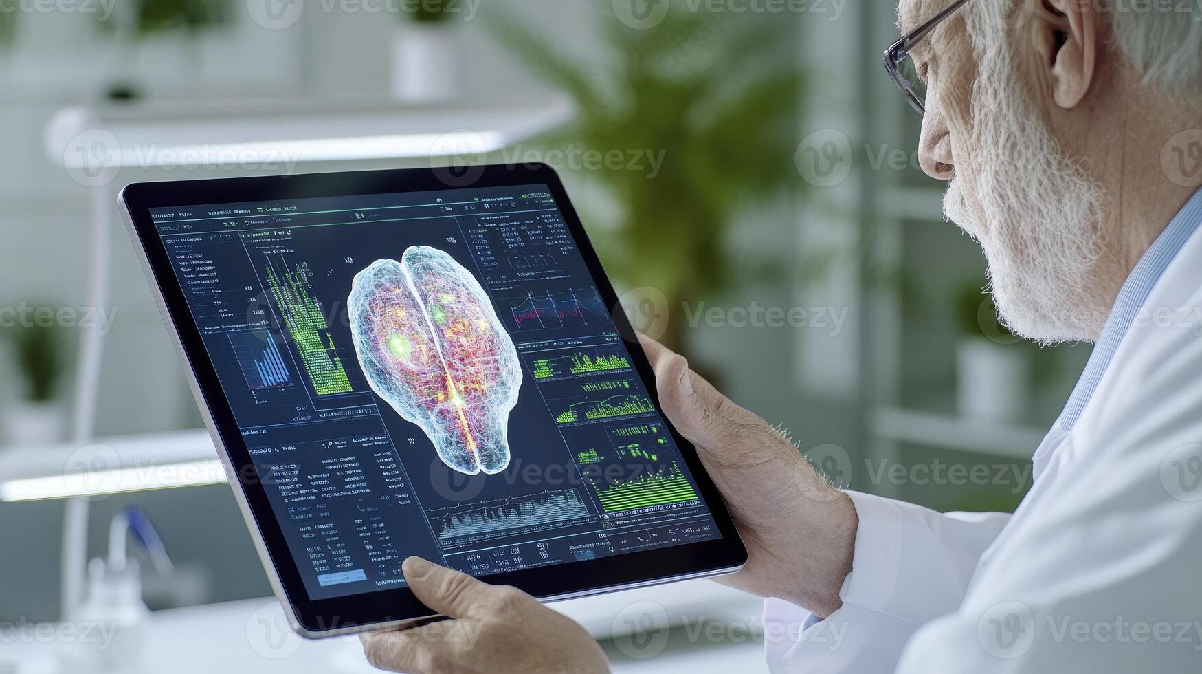 Senior Scientist Analyzing Brain Scan on Tablet photo