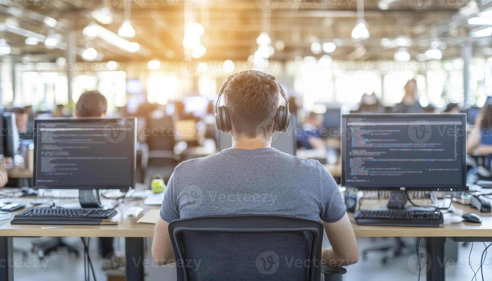 Man Works at Desk in Busy Office with Dual Monitors photo