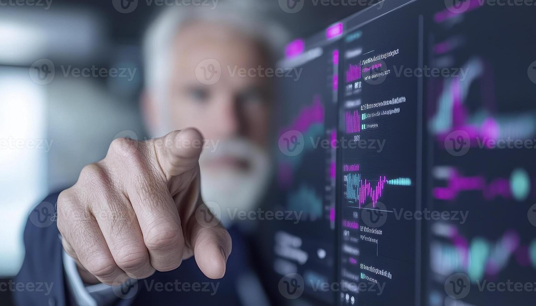 Senior Businessman Pointing at Data Charts on Digital Screen photo