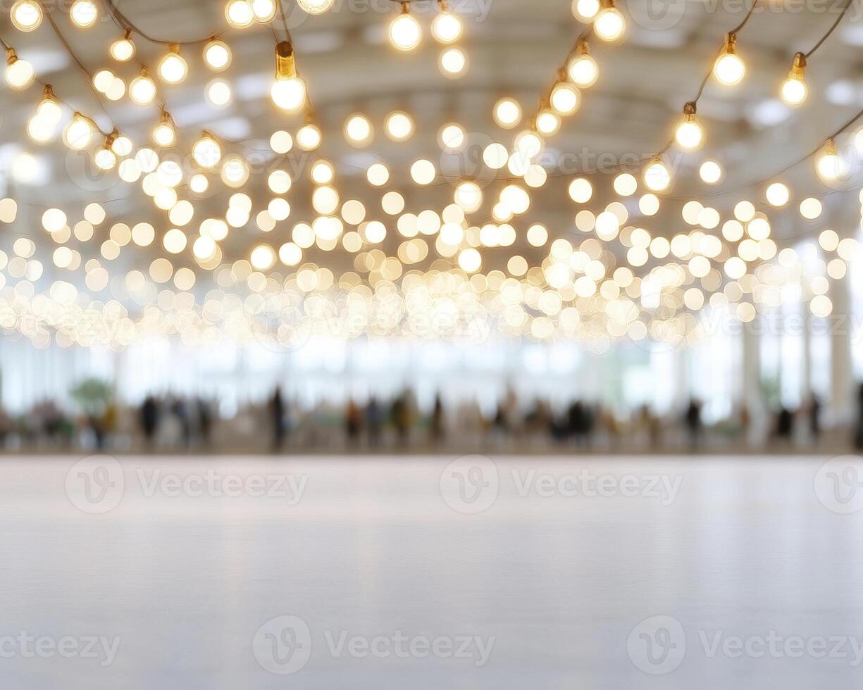 Warm String Lights illuminate a Blurred Event Space photo