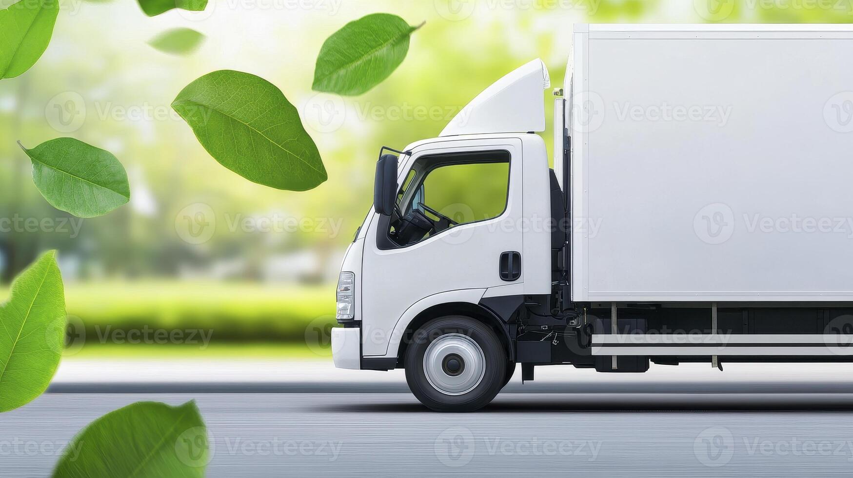 Eco-Friendly Delivery Solutions A White Truck Drives Towards a Sustainable Future with Green Leaves Falling Explore Sustainable Logistics and Transportation Options for a Greener Planet Discover photo