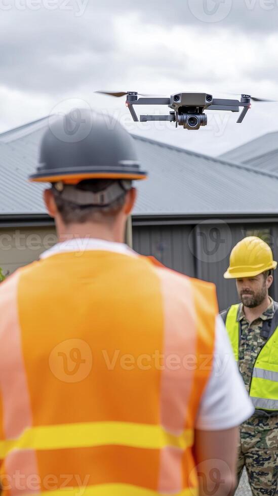 Drone Inspecting Construction Site Discover how drones are revolutionizing construction with this image showcasing aerial views, safety inspections, and progress monitoring Explore the benefits of photo