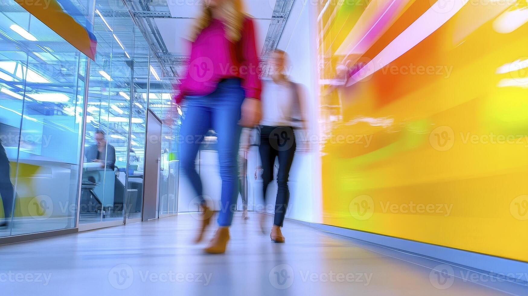 Dynamic Business Explore the energetic movement of professionals in a modern office setting, capturing the essence of collaboration and speed Observe diverse individuals, blurred in motion photo