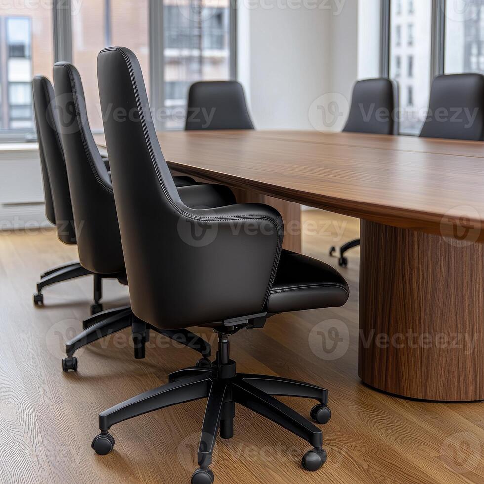 Elegant Conference Room Design A Showcase of Modern Office Furniture and Layout, Featuring Comfortable Black Leather Chairs Around a Spacious Wooden Table Perfect for Business Meetings and photo