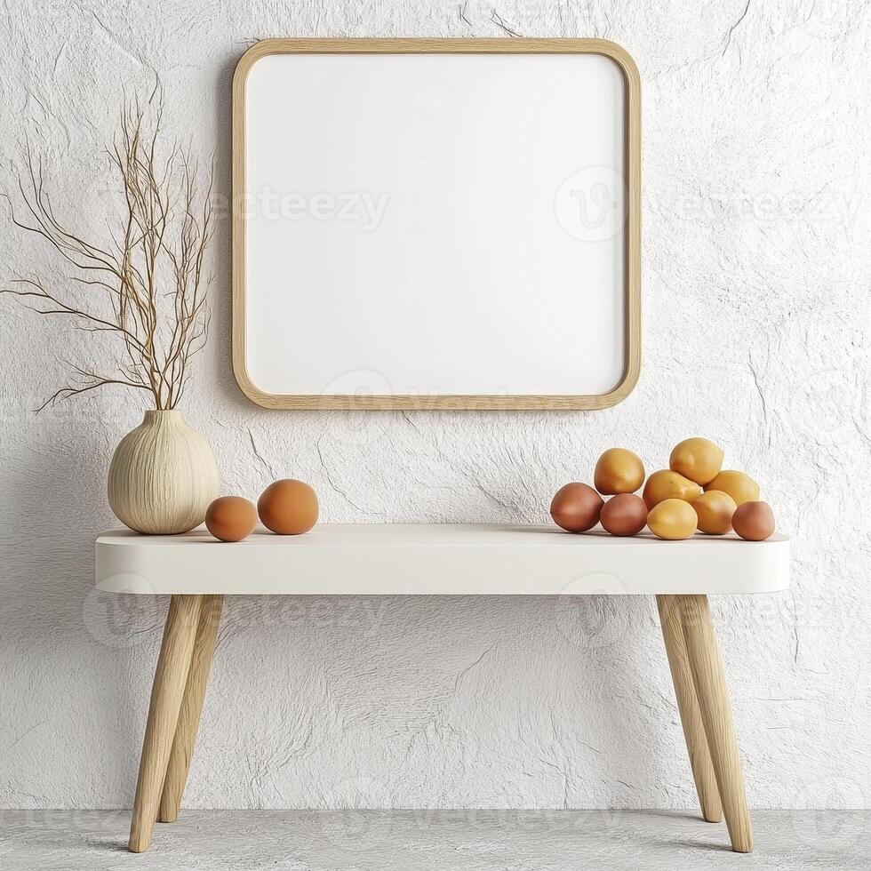 Elegant Interior Decor A Minimalist Still Life Featuring a Modern Console Table, a Decorative Vase with Dried Branches, Fresh Citrus Fruits, and a Blank Square Frame Perfect for Artwork or photo