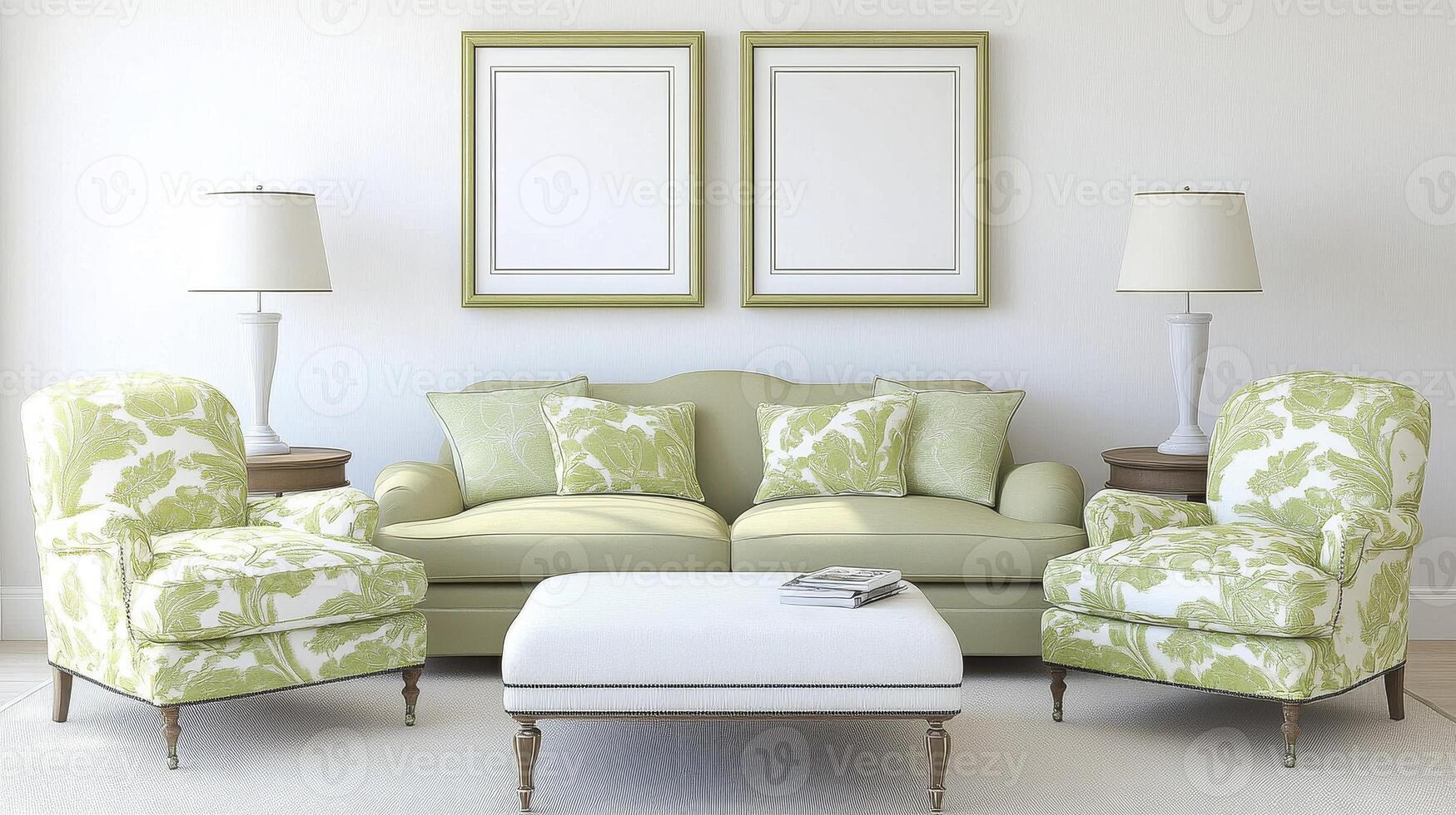 Elegant Living Room Design A bright and airy space featuring a comfortable sofa, inviting armchairs with a nature-inspired pattern, and warm lighting provided by stylish lamps The clean white walls photo