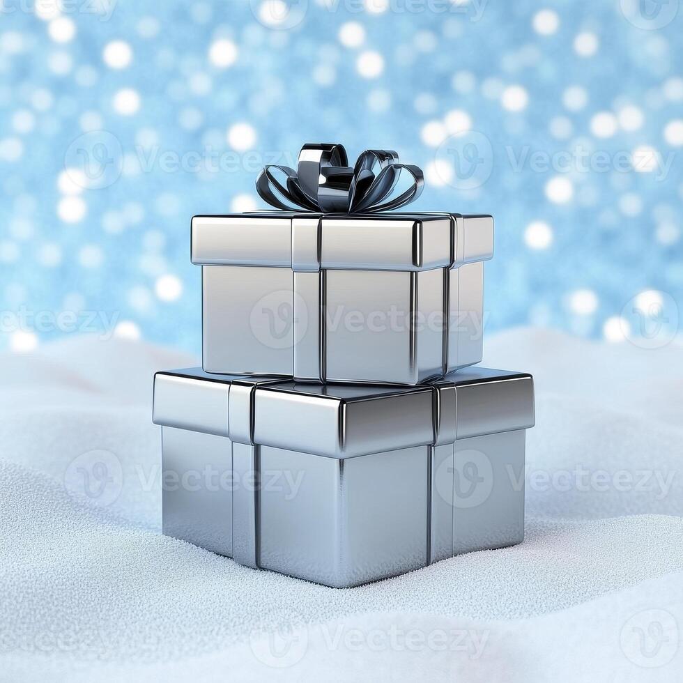 Elegant Silver Christmas Presents Stacked in Snowy Winter Scene, perfect for holiday promotions, greetings, and festive website banners, showcasing the joy of gift-giving Use this high-quality image photo