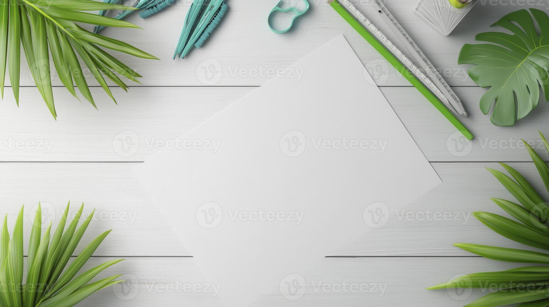 Elevate Your Creative Space A Top-Down View of a Pristine White Desk Adorned with Lush Greenery and Stylish Stationery Capture the essence of productivity and inspiration with this inviting scene photo