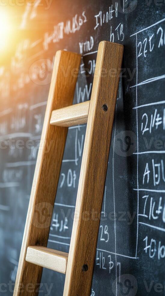 Elevate Your Visuals A Compelling Image of a Wooden Ladder Leaning Against a Chalkboard, Perfect for Illustrating Concepts of Growth, Ambition, Education, and Success Capture the Essence of Upward photo
