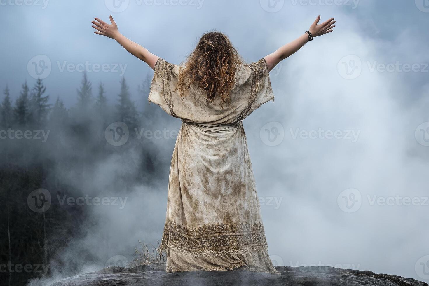 Embrace the Serenity Discover the captivating allure of a woman standing amidst the ethereal steam and majestic geysers of a geothermal wonderland Immerse yourself in the tranquility of nature as you photo