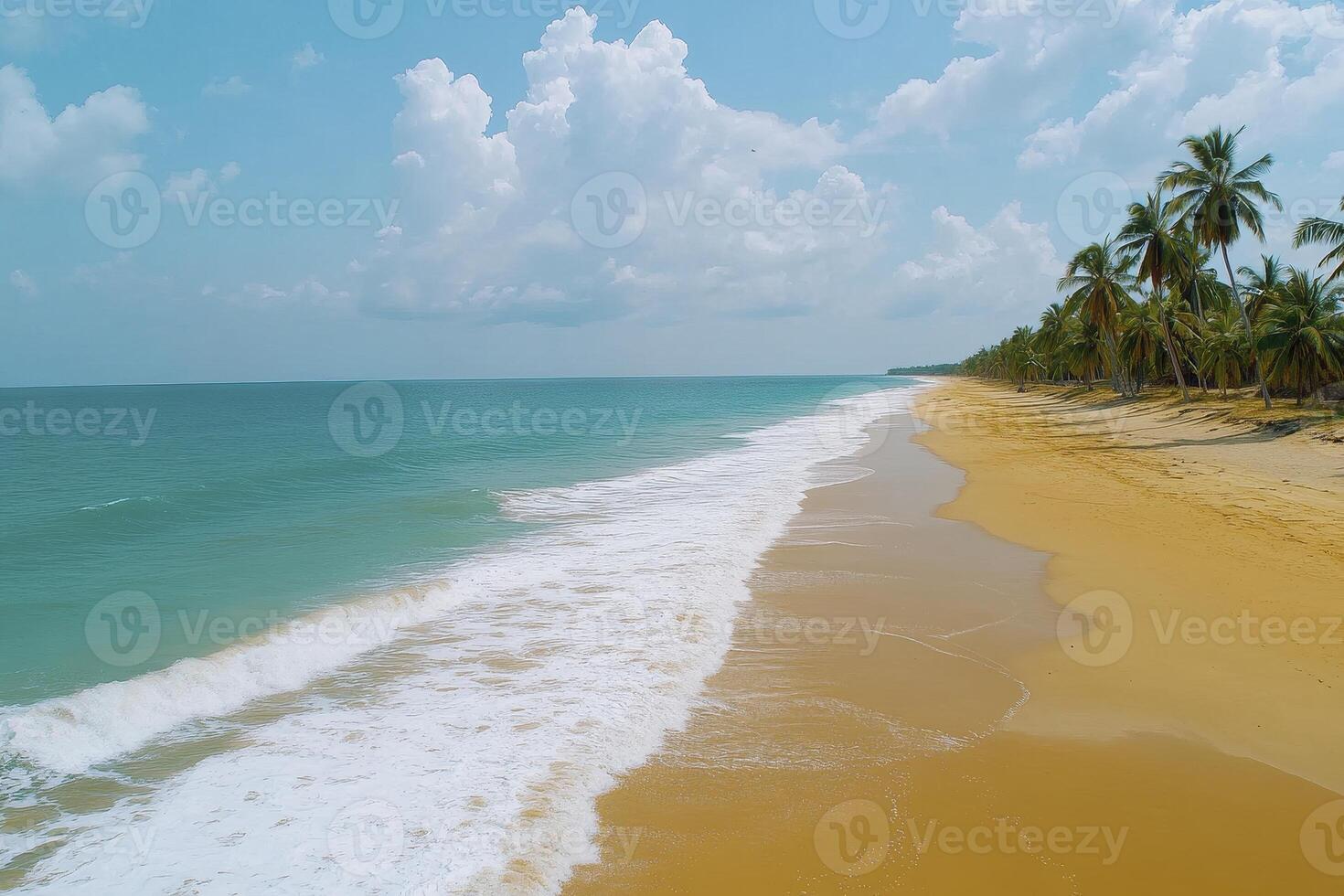 Escape to Paradise Discover the Tranquility of a Secluded Tropical Beach with Azure Waters, Golden Sands, and Swaying Palm Trees Under a Clear Blue Sky Perfect for Vacation Getaways, Relaxing photo